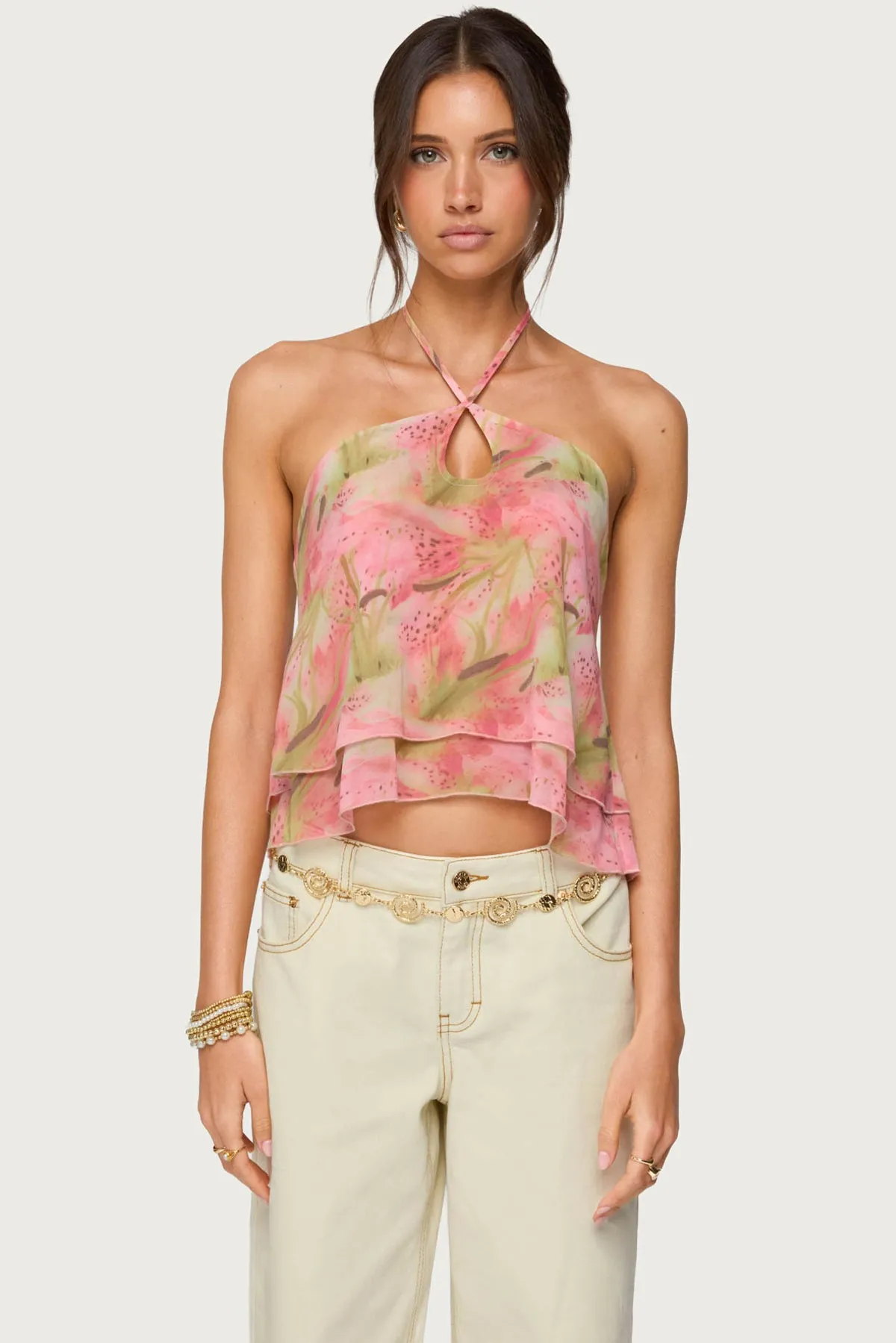 Dragon Lily Layered Chiffon Halter top sold by Edikted
