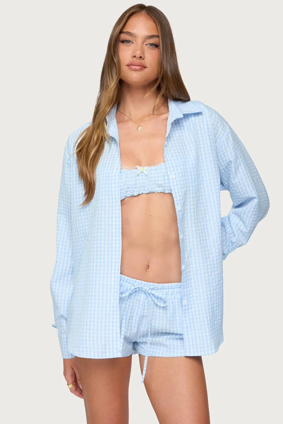 Yaffa Oversized Gingham Button Up Shirt sold by Edikted