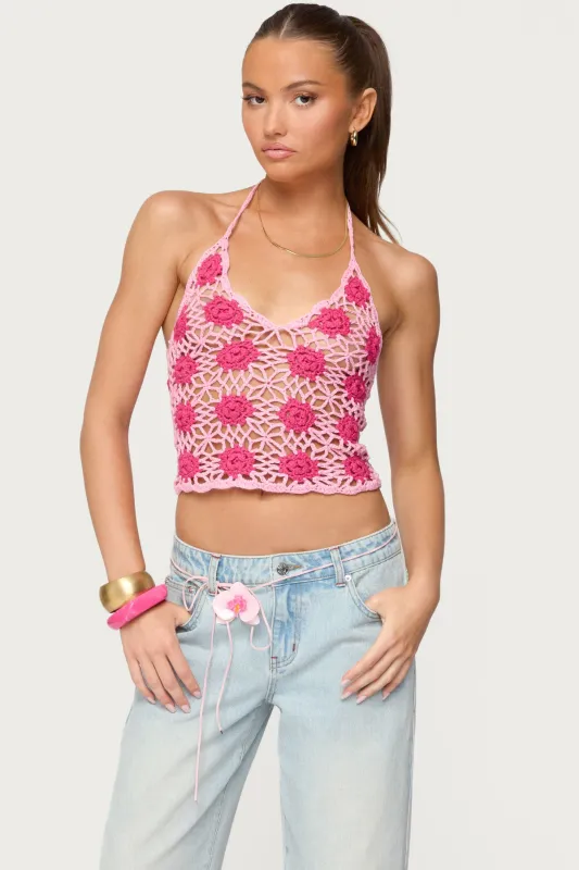 Contrast Floral Crochet Halter Top sold by Edikted