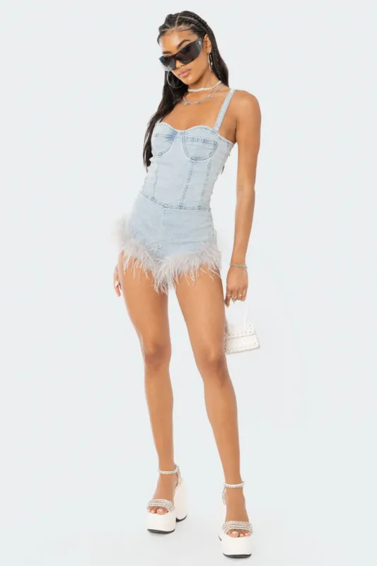 Fluffy Denim Romper sold by Edikted