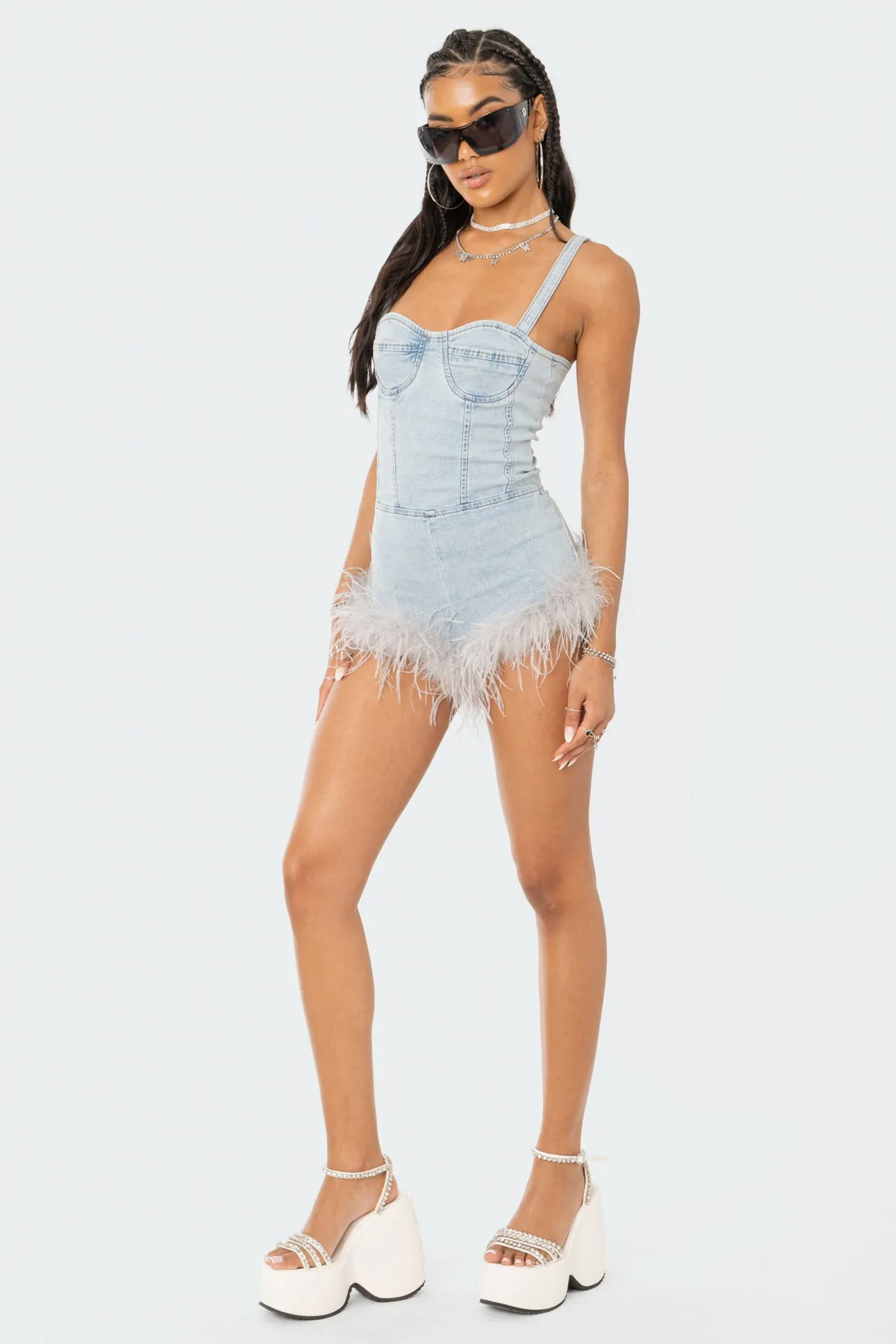 Fluffy Denim Romper sold by Edikted product image thumbnail 4
