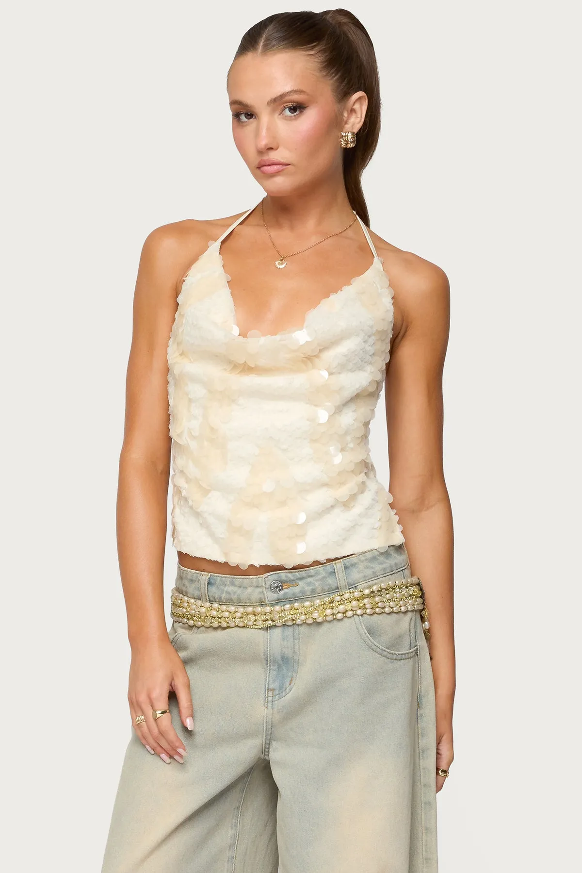 Reid Backless Sequin Cowl Neck Top sold by Edikted