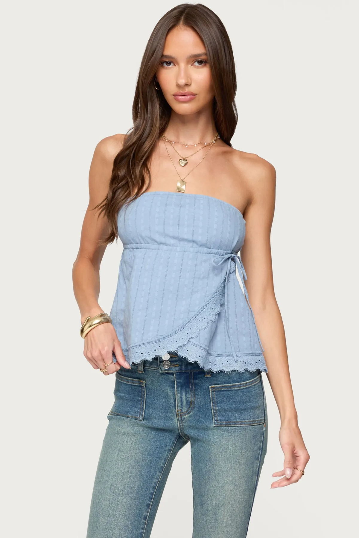 Narnie Striped Strapless Wrap Top sold by Edikted