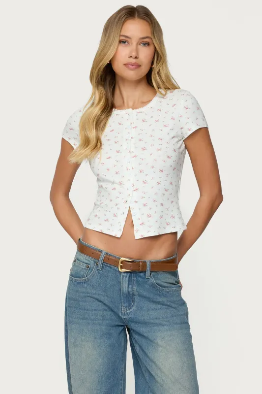 Odella Floral Ribbed Button Up Top sold by Edikted