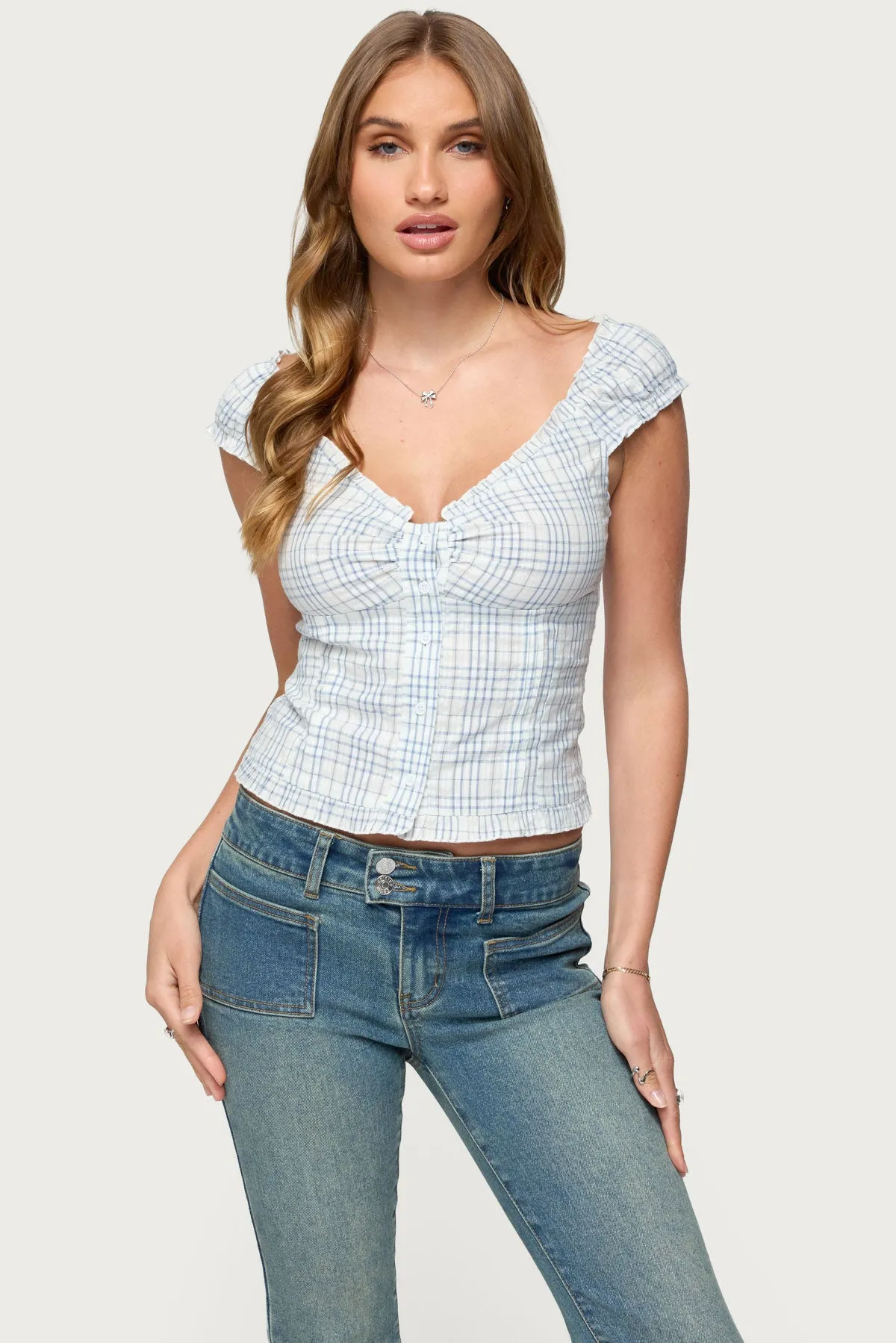 Dolsy Plaid Button Up Top sold by Edikted