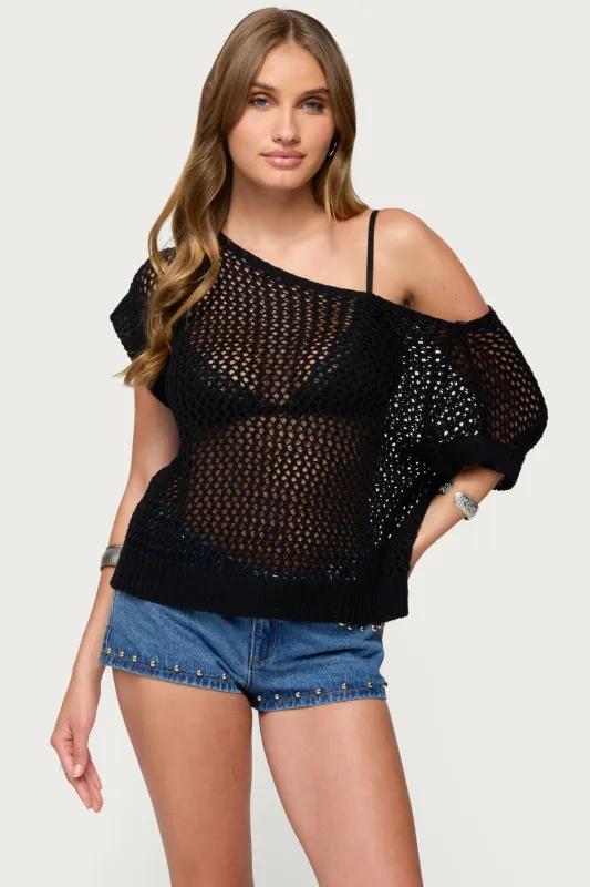 Trix Off Shoulder Open Knit Top sold by Edikted