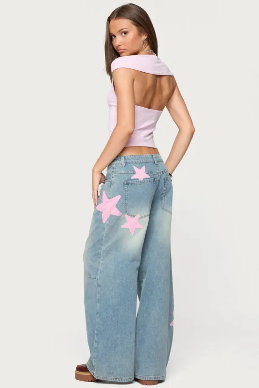 Trish Satin Effect Stars Low Rise Jeans sold by Edikted