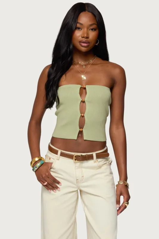 Bead Cut Out Strapless Knit Top sold by Edikted