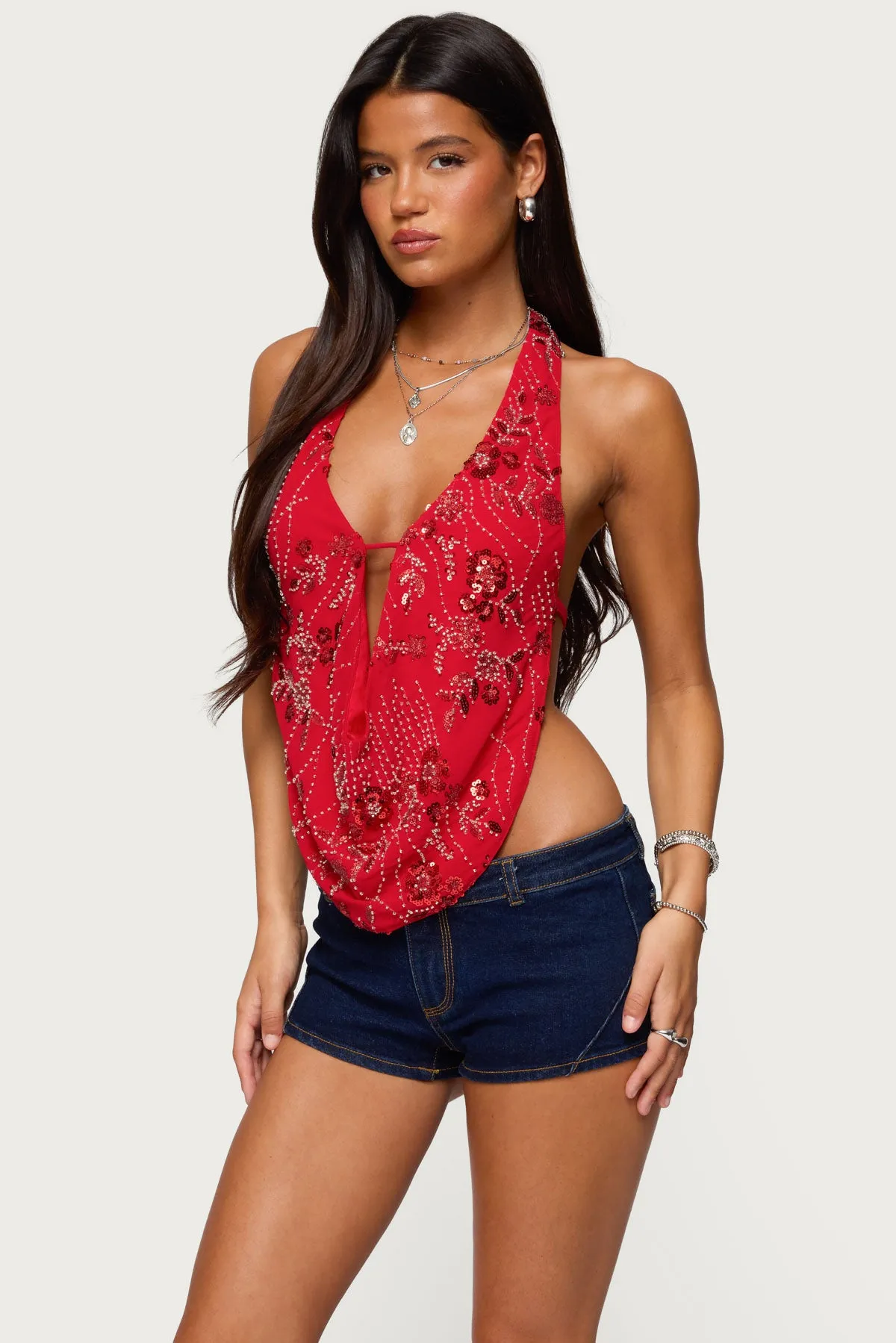 Beaded Chiffon Backless Cowl Neck Top sold by Edikted product image thumbnail 3