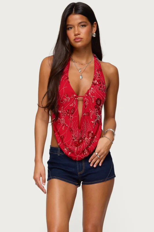 Beaded Chiffon Backless Cowl Neck Top sold by Edikted