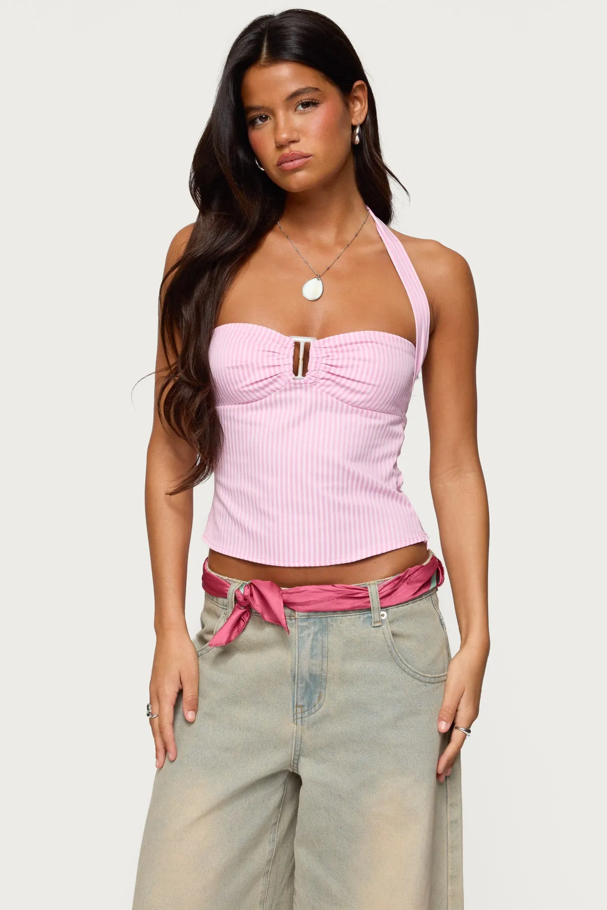 Caitie Striped Buckle Halter Top sold by Edikted