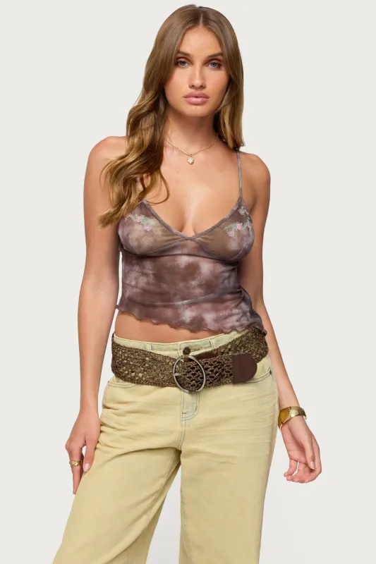 Embroidered Asymmetric Printed Mesh Top sold by Edikted