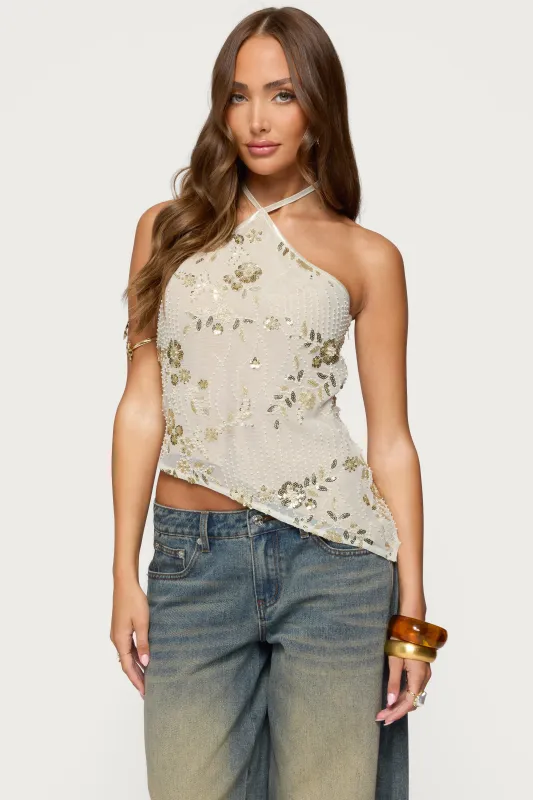 Beaded Sequin Asymmetric Halter Top sold by Edikted