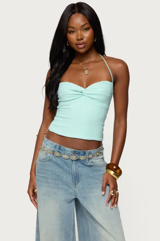 Zoee Twisted Textured Halter Top sold by Edikted