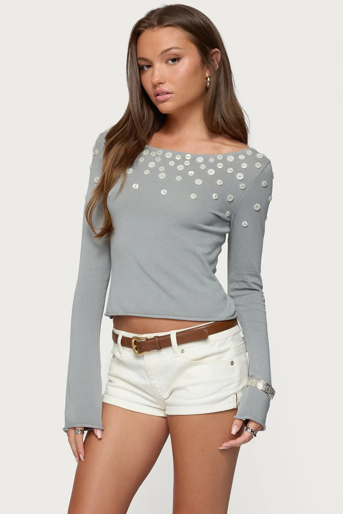 Iridescent Button Boat Neck Top sold by Edikted product image thumbnail 3