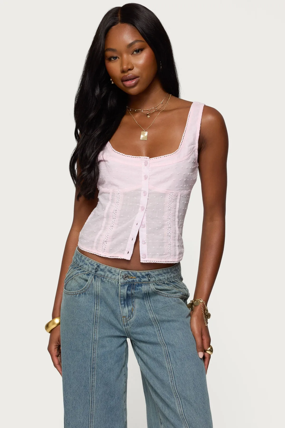 Embroidered Cotton Button Up Top sold by Edikted