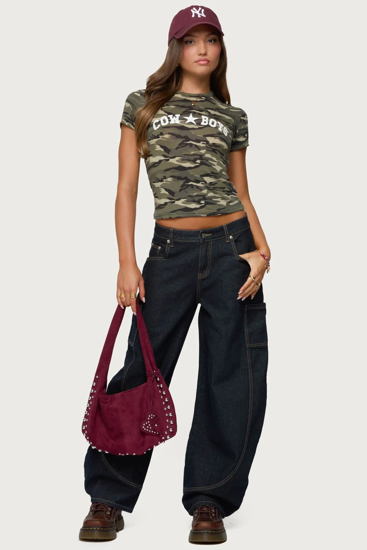 Aden Contrast Stitch Low Rise Barrel Jeans sold by Edikted