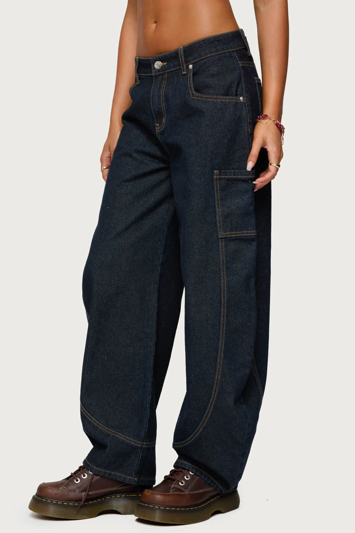Aden Contrast Stitch Low Rise Barrel Jeans sold by Edikted product image thumbnail 4