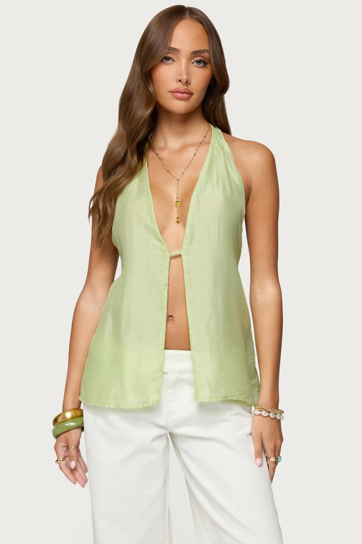 Silky Look Split Front Halter Top sold by Edikted
