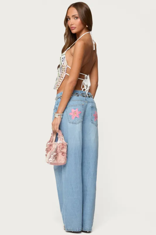 Mirra Embroidered Flower Low Rise Jeans sold by Edikted
