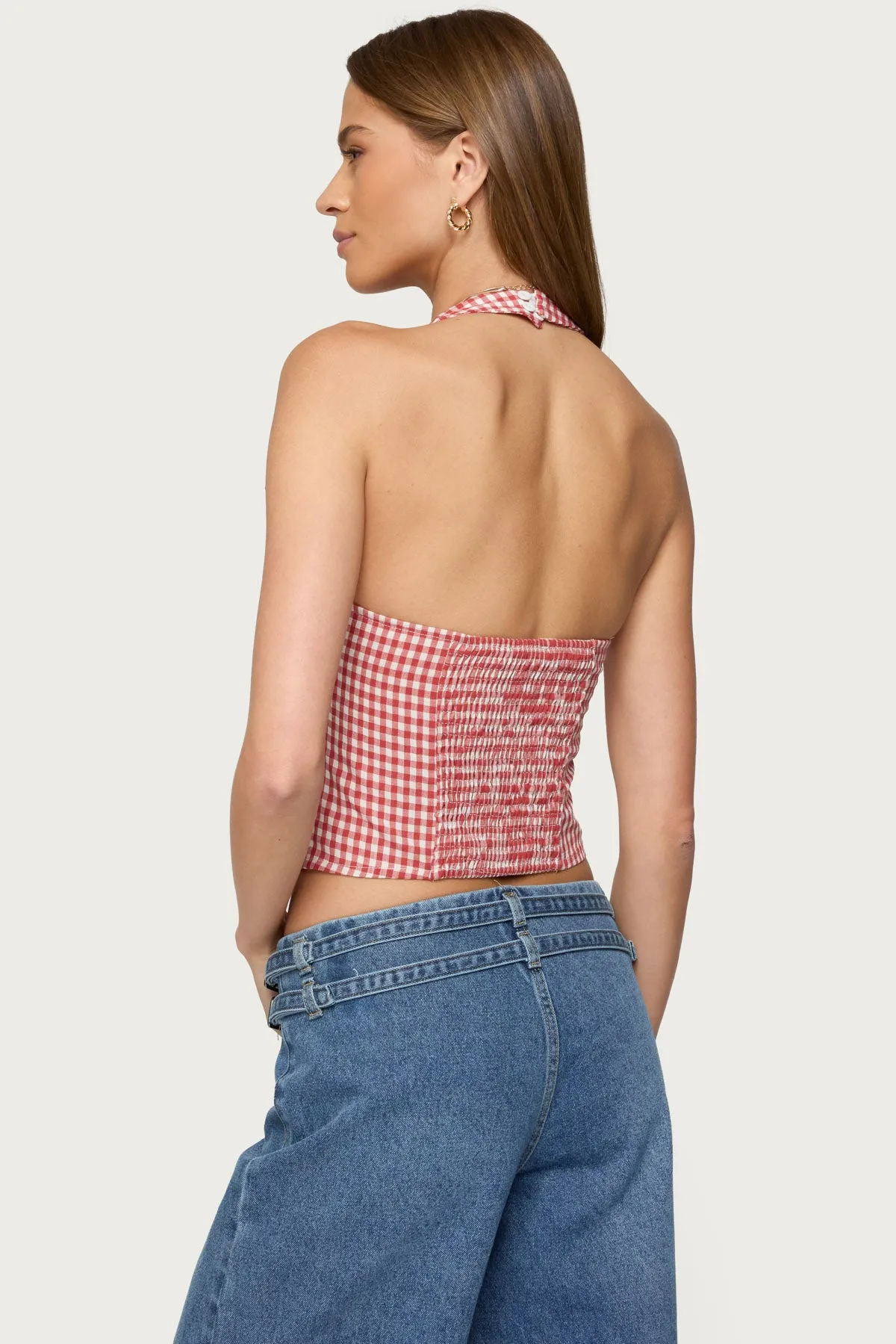 Evan Gingham Button Up Halter Top sold by Edikted product image thumbnail 5