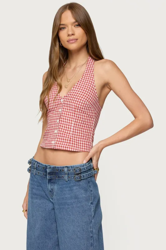 Evan Gingham Button Up Halter Top sold by Edikted