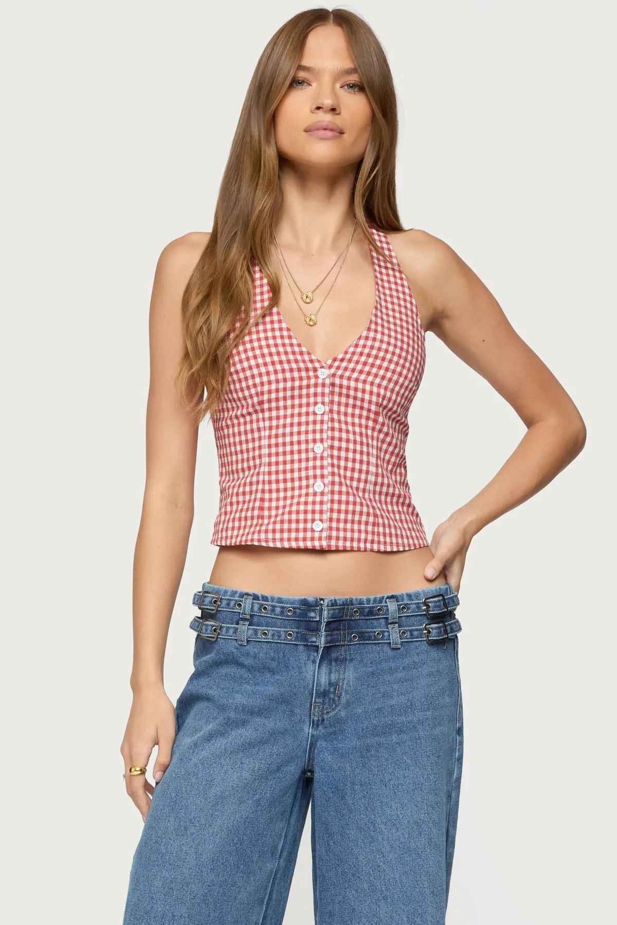 Evan Gingham Button Up Halter Top sold by Edikted product image thumbnail 3