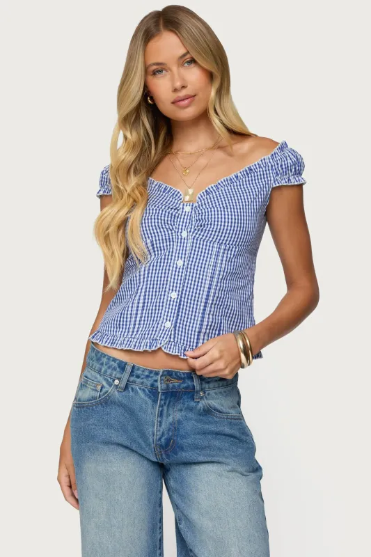 Dorothie Gingham Button Up Top sold by Edikted