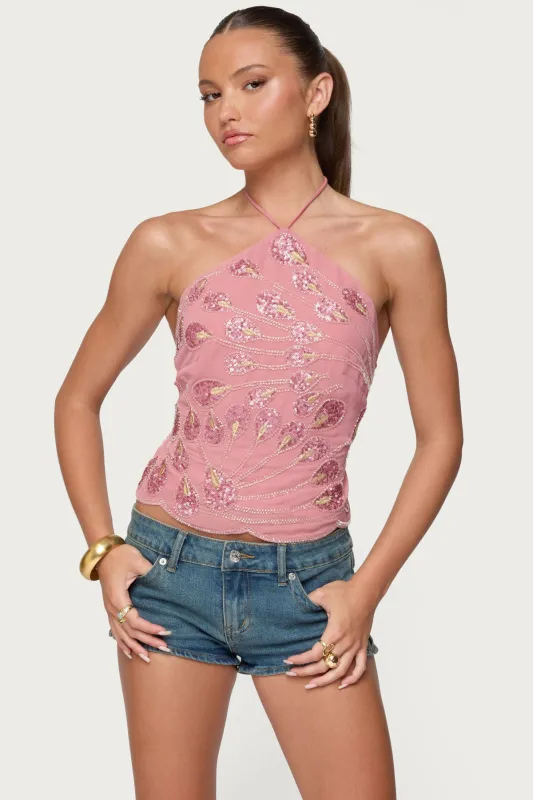 Embroidered Bead & Sequin Halter Top sold by Edikted