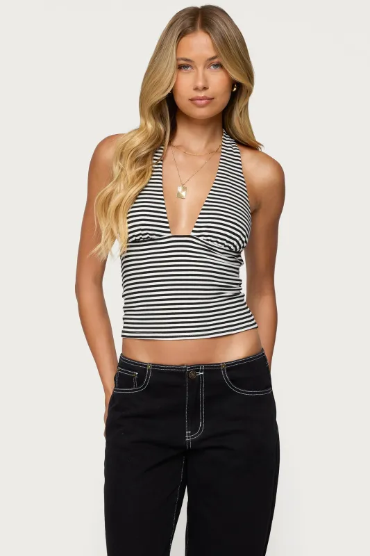Sage Striped Halter Top sold by Edikted