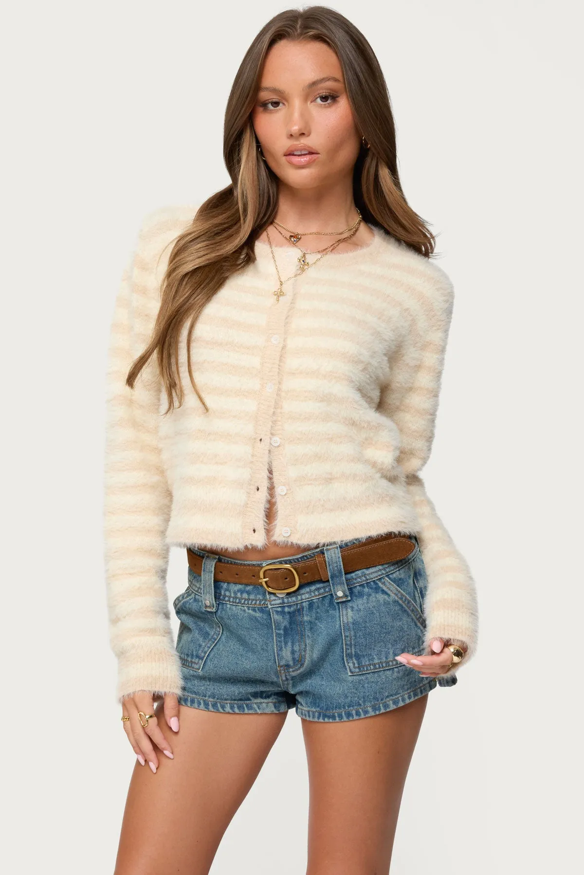Aria Striped Fuzzy Knit Cardigan sold by Edikted