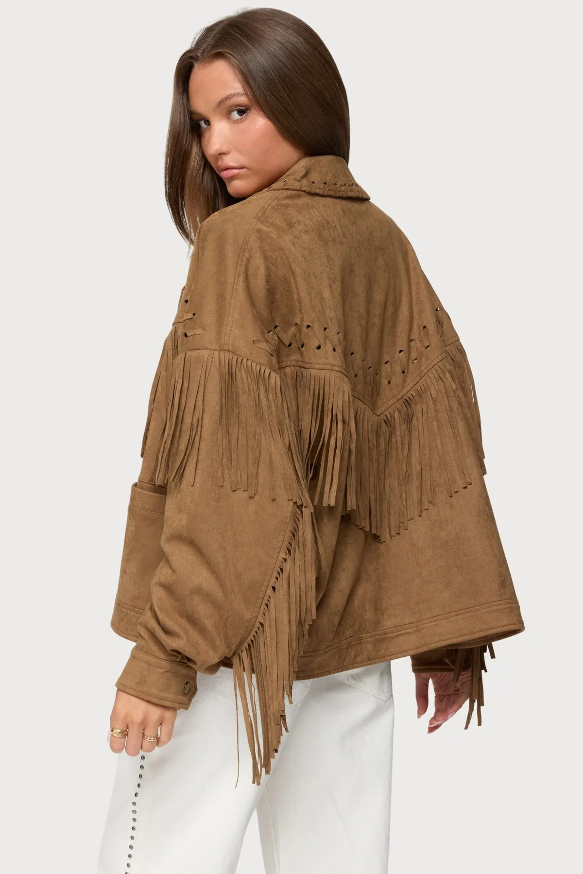 Evonka Fringe Faux Suede Jacket sold by Edikted product image thumbnail 4