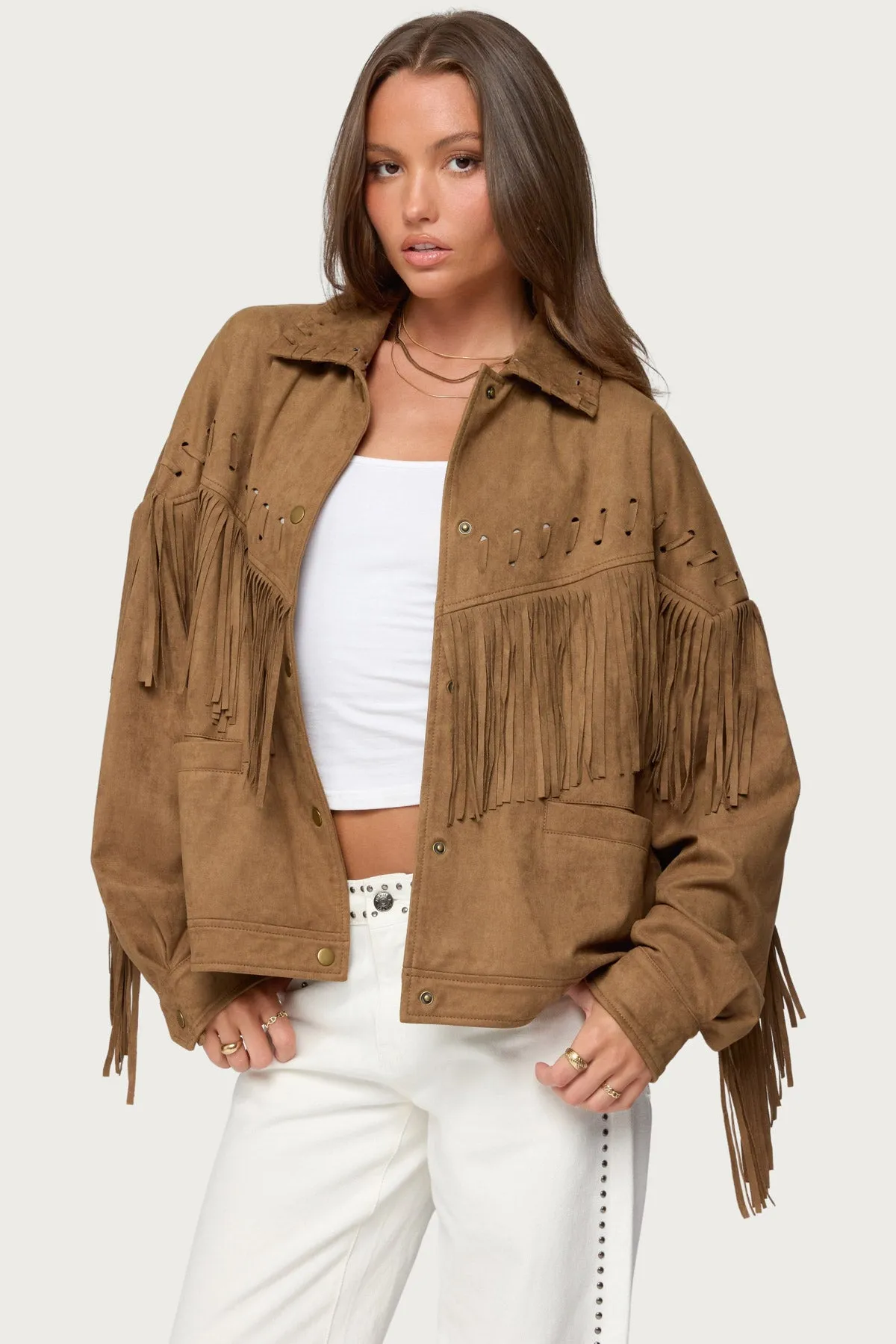 Evonka Fringe Faux Suede Jacket sold by Edikted product image thumbnail 3
