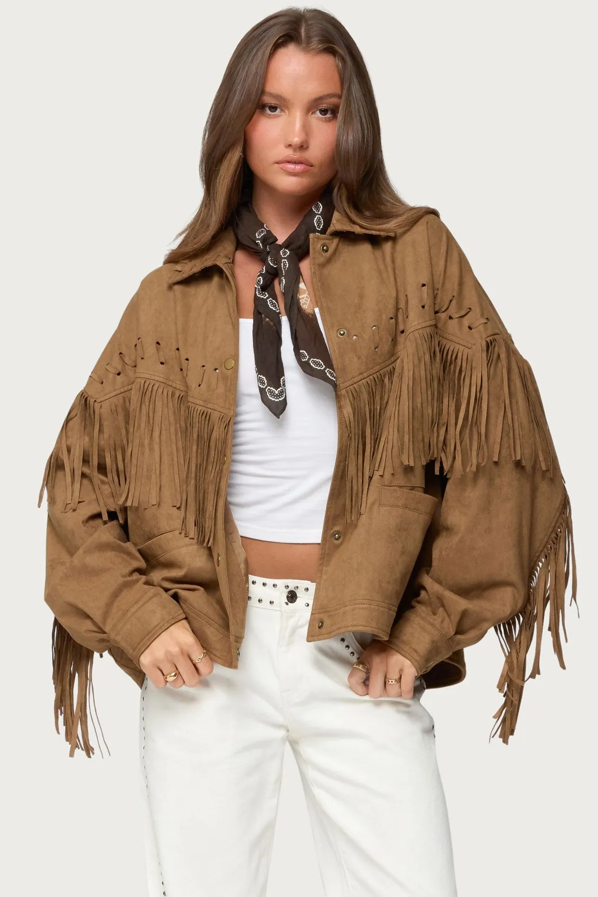 Evonka Fringe Faux Suede Jacket sold by Edikted
