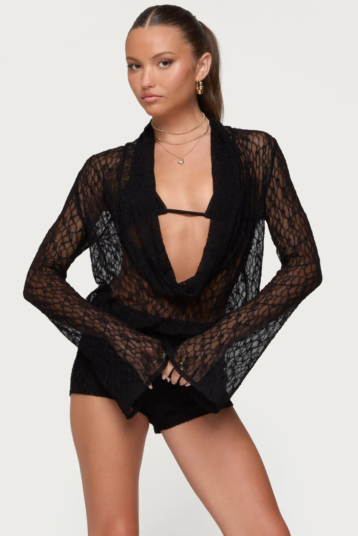 Lera Lacey Sheer Mesh Top sold by Edikted