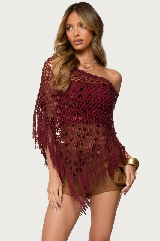 Fringe Sequin Crochet Poncho sold by Edikted