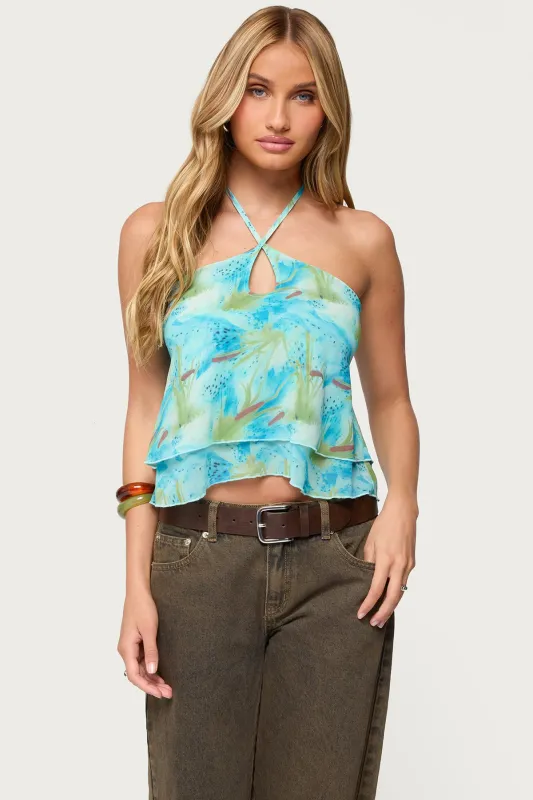 Dragon Lily Layered Chiffon Halter Top sold by Edikted