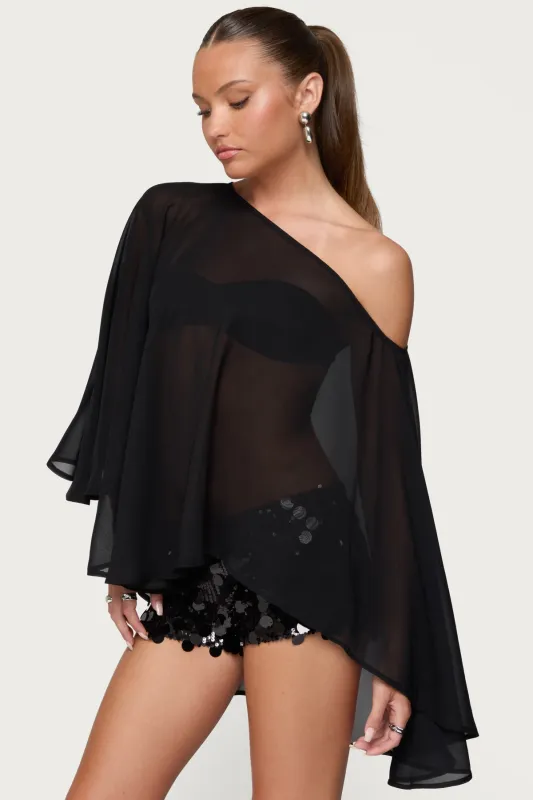 Sheer Chiffon Asymmetric Poncho sold by Edikted
