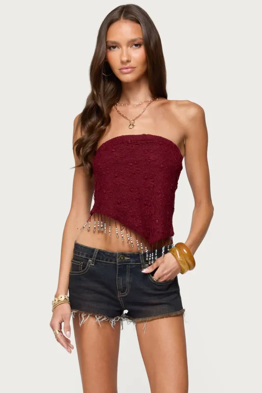 Textured Asymmetric Bead Fringe Strapless Top sold by Edikted