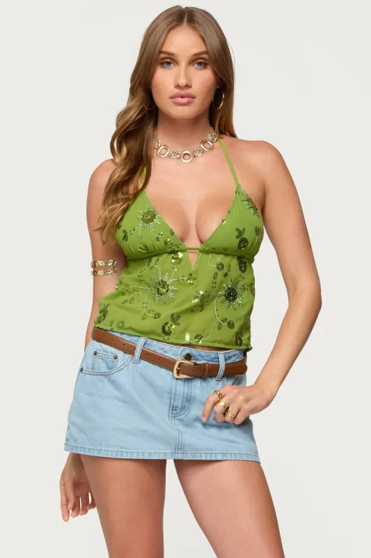 Kiki Sequin Floral Chiffon Halter Top sold by Edikted