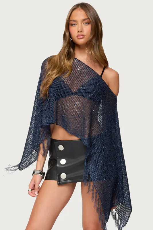 Sequin Fringe Knit Poncho sold by Edikted