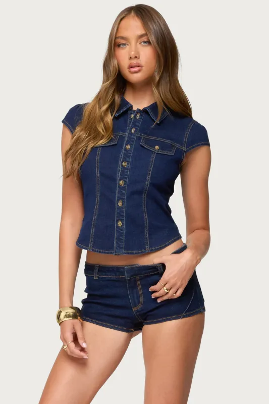Contrast Stitch Button Up Denim Shirt sold by Edikted