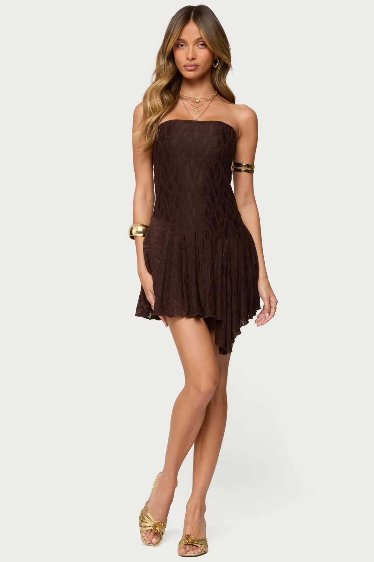 Elaia Asymmetric Strapless Lace Mini Dress sold by Edikted product image thumbnail 3