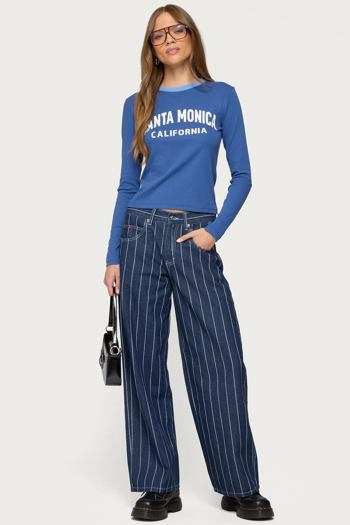 Kyler Pinstripe Mid Rise Baggy Jeans sold by Edikted