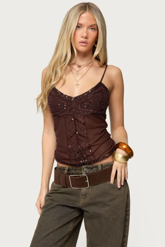 Azelia Beaded Sheer Mesh Top sold by Edikted