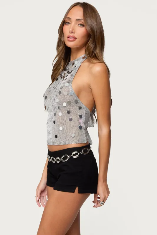 Shiny Sequin Backless Halter Top sold by Edikted