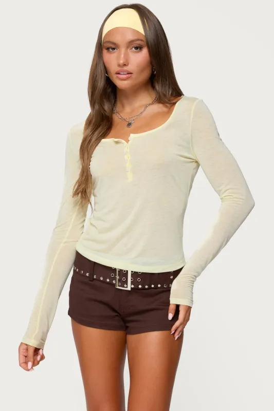 Ria Sheer Long Sleeve Henley Top sold by Edikted