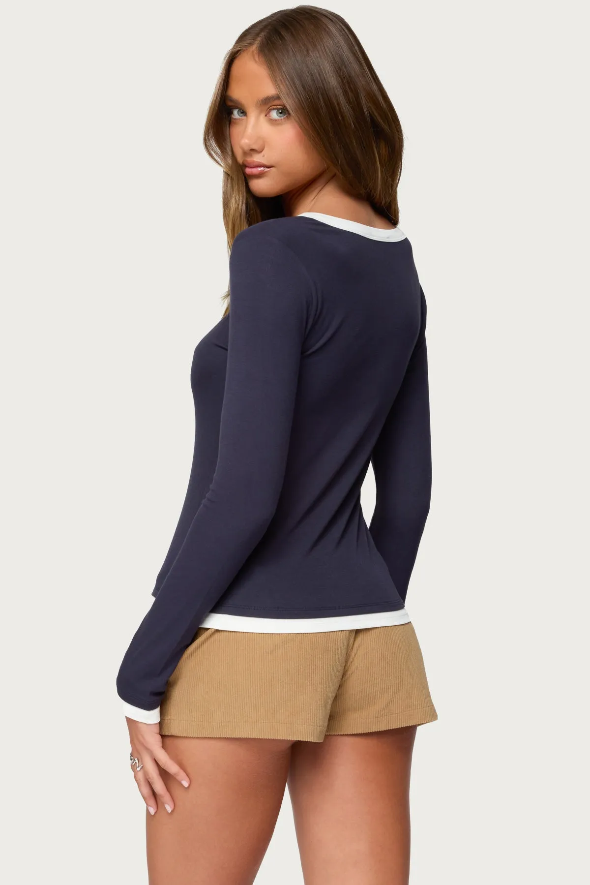 Contrast Layered Look Henley Top sold by Edikted product image thumbnail 4