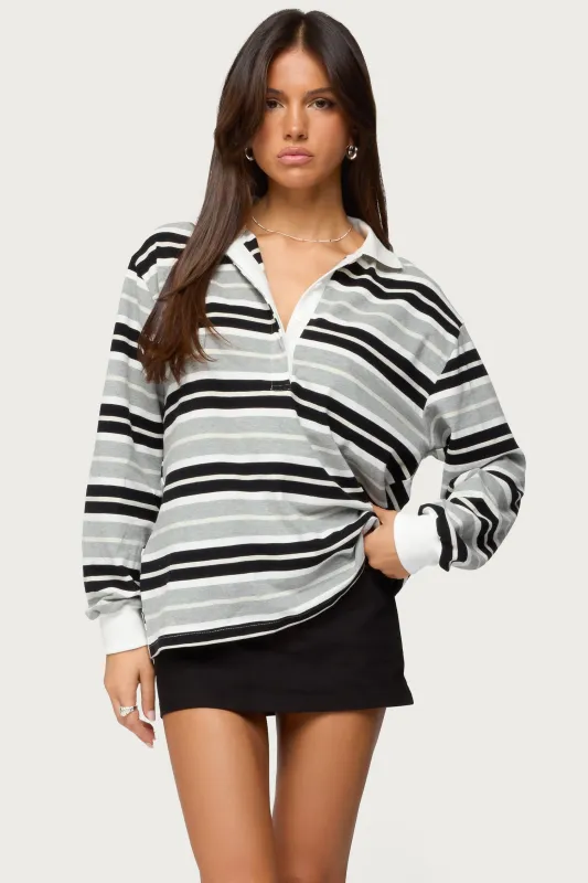 Renya Striped Long Sleeve Polo Top sold by Edikted