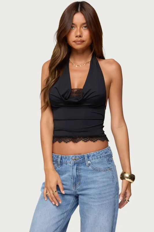 Layered Lacey Cowl Neck Halter Top sold by Edikted